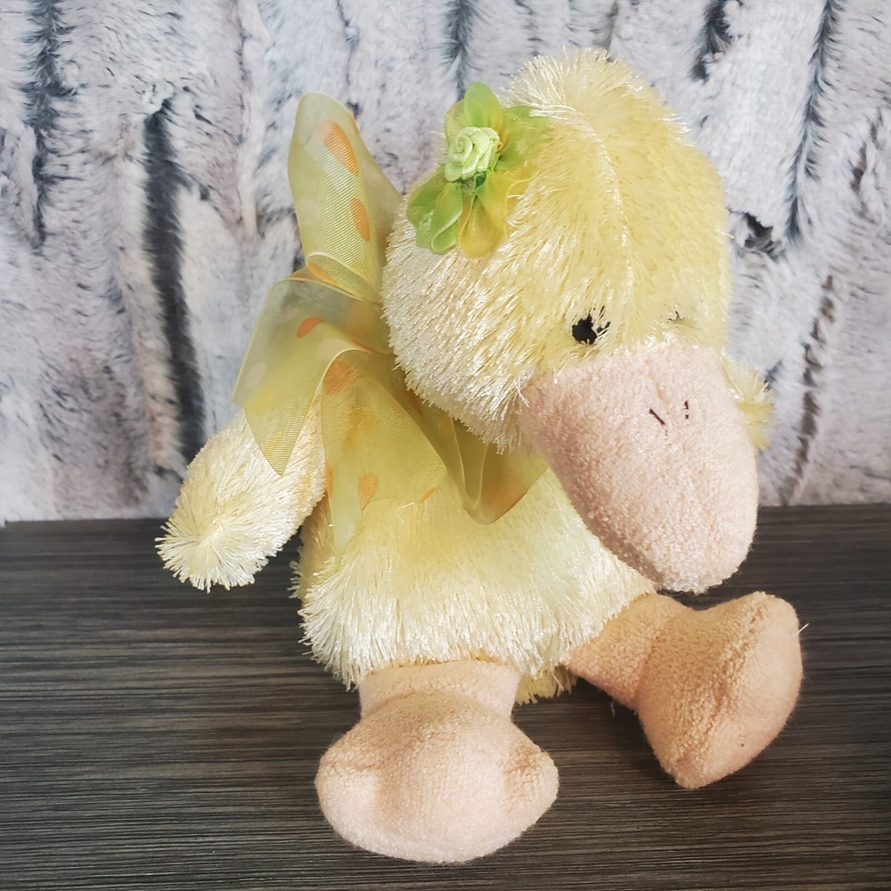 Walmart Floppy Yellow Duck Plush 9" Fuzzy‎ Green Sheer Bow Spring Easter Animal